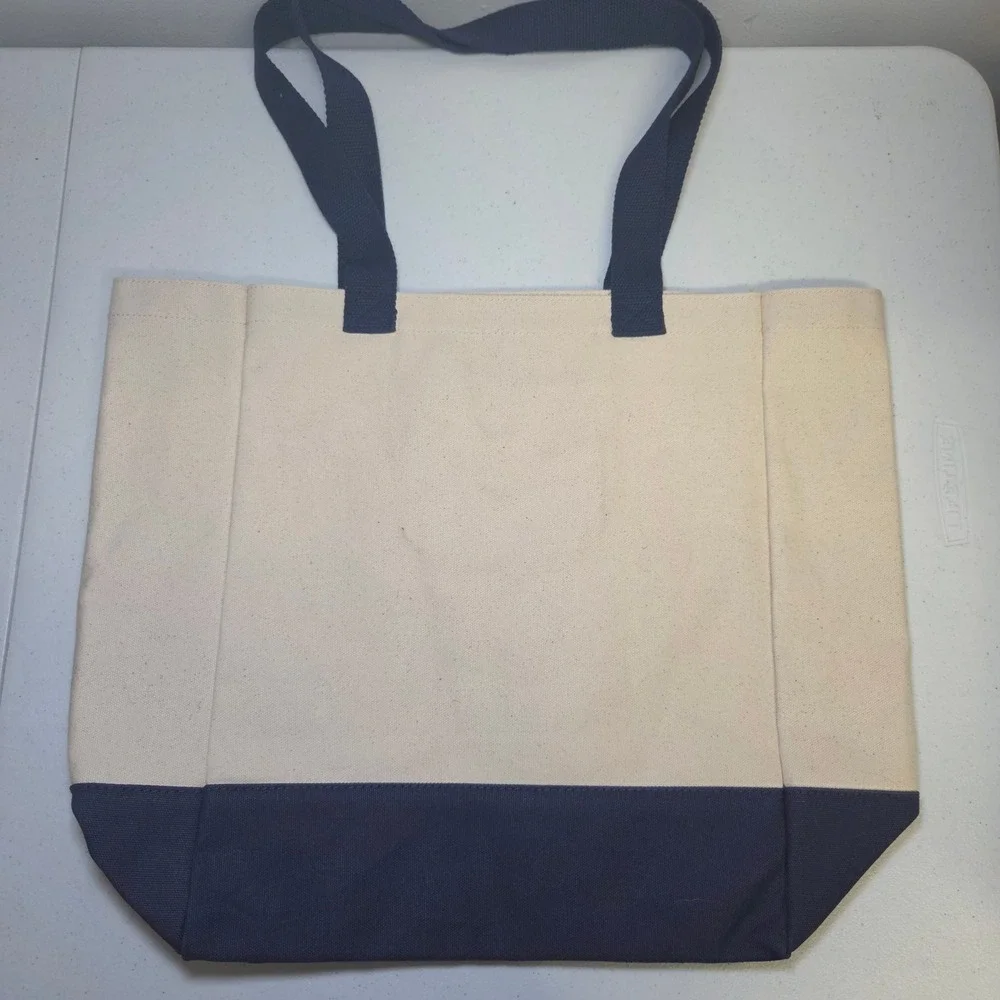 Life Is Good Canvas Tote Bag Cream Navy Blue Fall Leaves Graphic Large 15X18‎